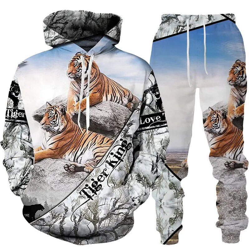 Animal Tiger Printed Hoodie Set Autumn and Winter Men's and Women's Long Sleeve Fleece Sweater Pants 2-piece Sports Set Harajuku HST91CL1097