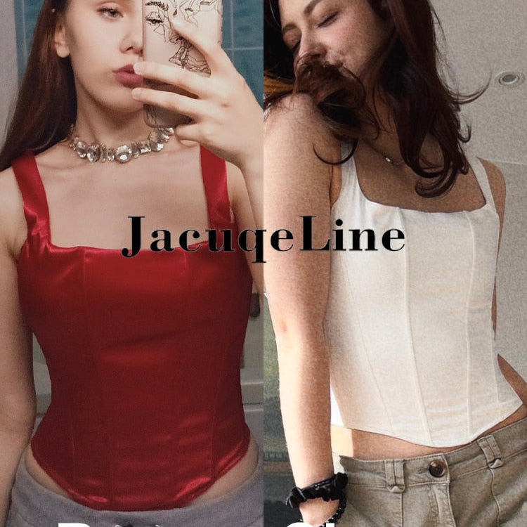 White Backless Bandage Corset Tops Women Sexy Square Neck Satin Bustier Tank Crop Top Elegant Party y2k Clothes