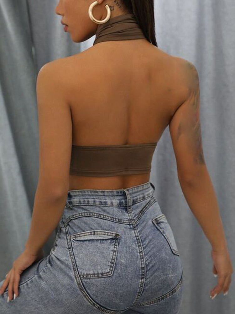 Women Summer Tank Tops Sexy Solid Color Cross Halter Neck Push Up Hollow Crop Tops High Street Wear 2023 New Fashion