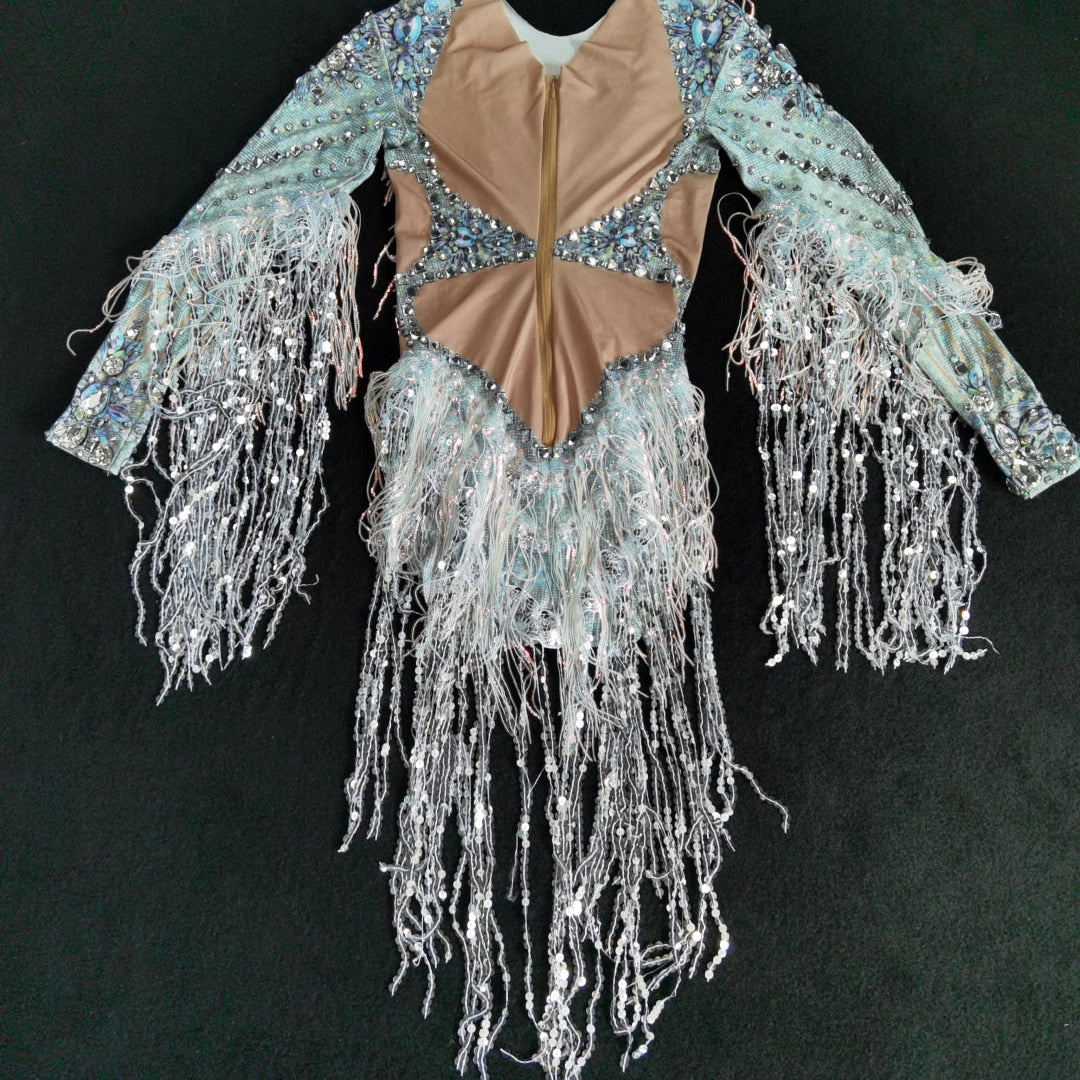 Sparkling Silver Rhinestone Sequin Tassel Party Bodysuit Women Stretch Dance Fringes Jumpsuit Club Bar Singer Leotard Stage Wear