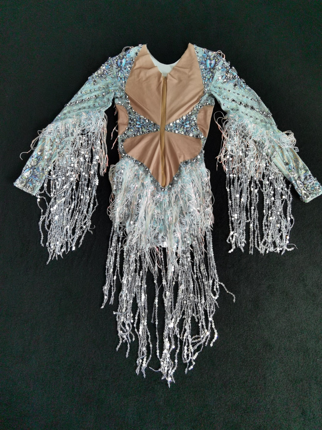 Sparkling Silver Rhinestone Sequin Tassel Party Bodysuit Women Stretch Dance Fringes Jumpsuit Club Bar Singer Leotard Stage Wear