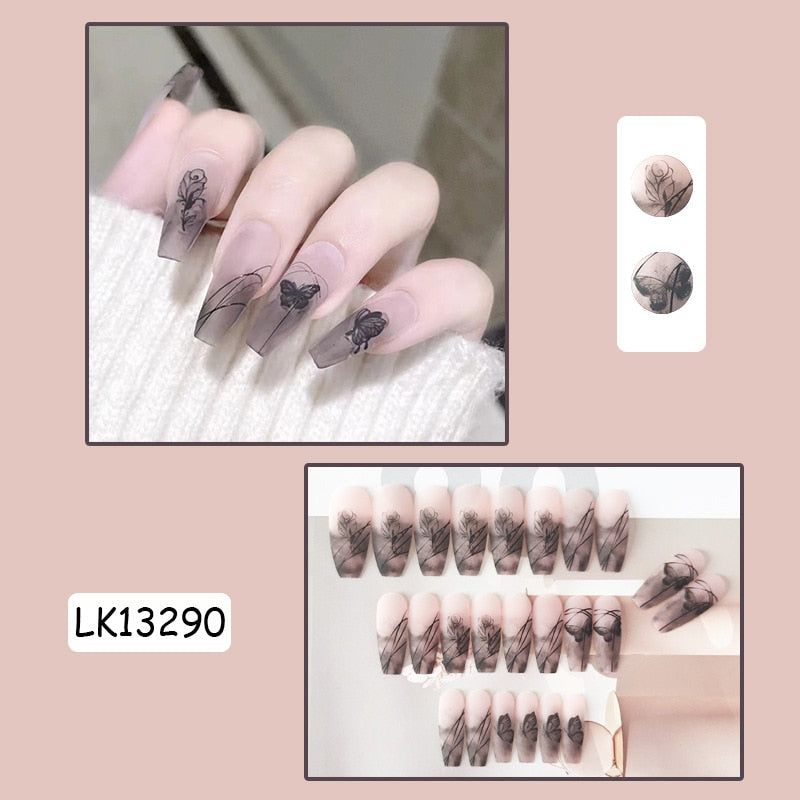 Y2k Fake Black Nail Long Ballet Reusable Adhesive Acrylic Press on set Nails Dark Acrylic Artificial False Nails Arts Tips 24pcs