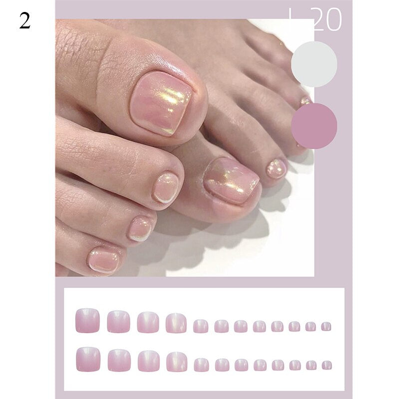 False Toenail 24Pcs/Box Toe Nail 3D Glitter Decor Press On Fake Nails With Glue Detachable Square Short Full Cover DIY Nail Tips B-2