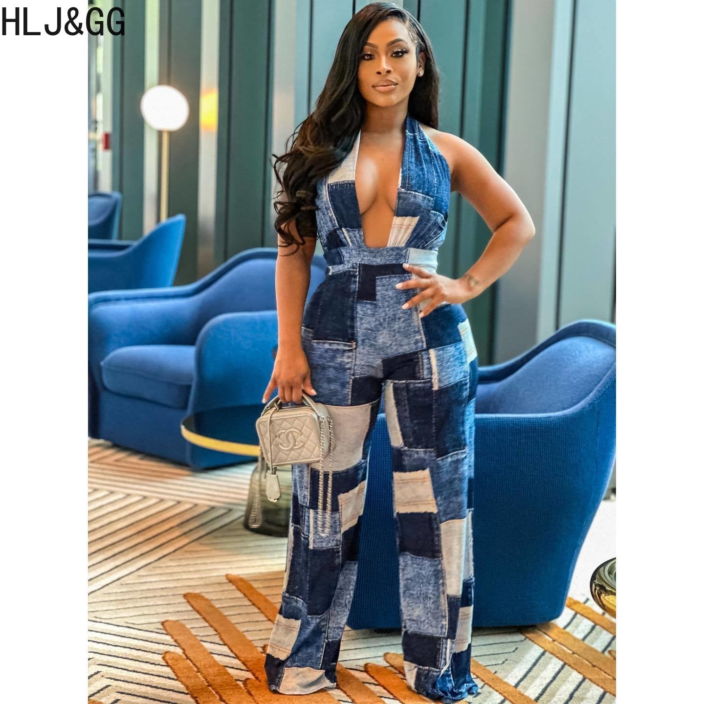 Blue Sexy Denim Color Patchwork Jumpsuits Women Hollow Out Halter One Piece Playsuits Casual Plaid Printing Overalls