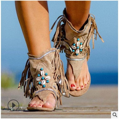 Retro Women Fringe Flower Wedges Shoes Solid Flock Beach Casual Sandals Women Summer Flip Flop Sandals
