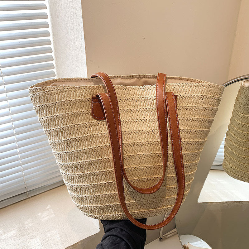 Women Braided Basket Clutches Top-handle Bag Large Straw Portable Shoulder Bag Summer Beach Party Purses Shopper Satchel Female Khaki 45cm 16cm 29cm