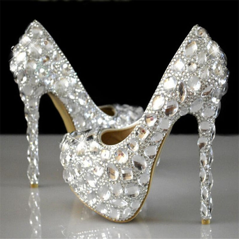 Women Rhinestones Pumps Shoes Super Flash Crystal Chaton Wedding Shoes White Bride Shoes Show Diamond High-heeled Shoes