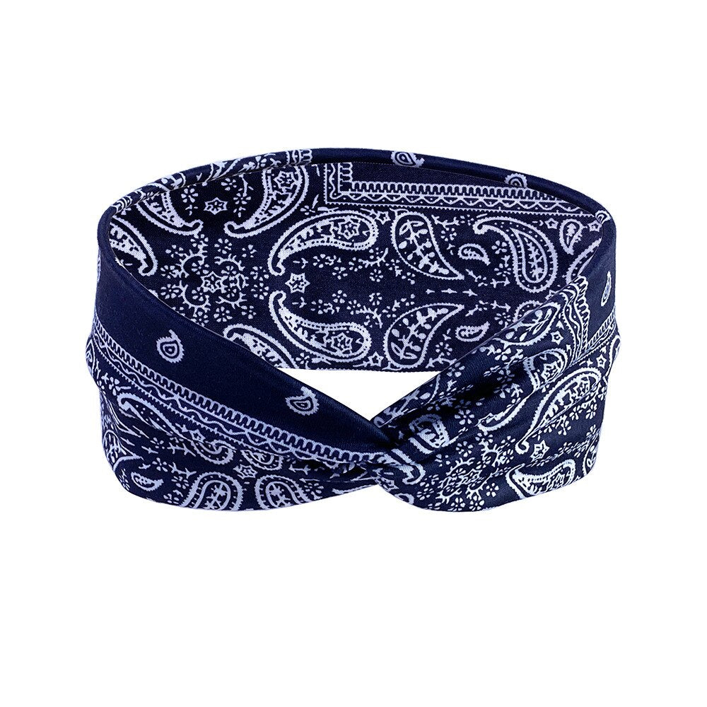 Headband Woman Bohemian Wide Cotton Stretch Bandana Girls Festival Flower Print Hair Accessories Summer Accessories Navy blue Spain