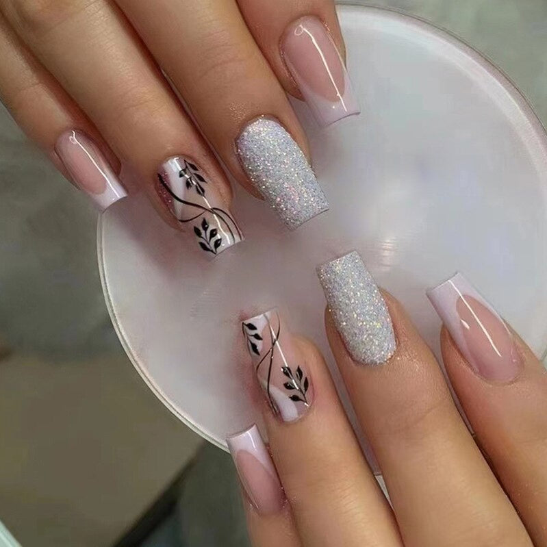 Fashion Colorful Butterfly False Nail Tips With Designs French Coffin Manicure Middle Long Ballerina Fake Nails Set Press on Nai 12