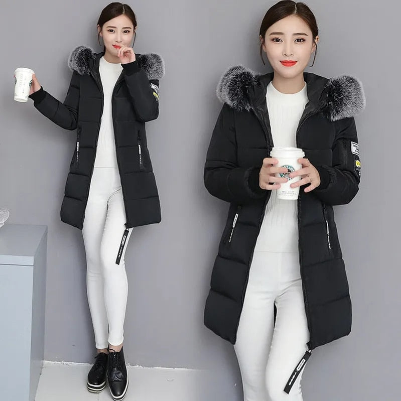 Fashion Fur Collar Hooded Down Cotton Coat Womens Winter Parkas Jacket Long Warm Padded Puffer Parkas Snow Wear Outwear Female Black