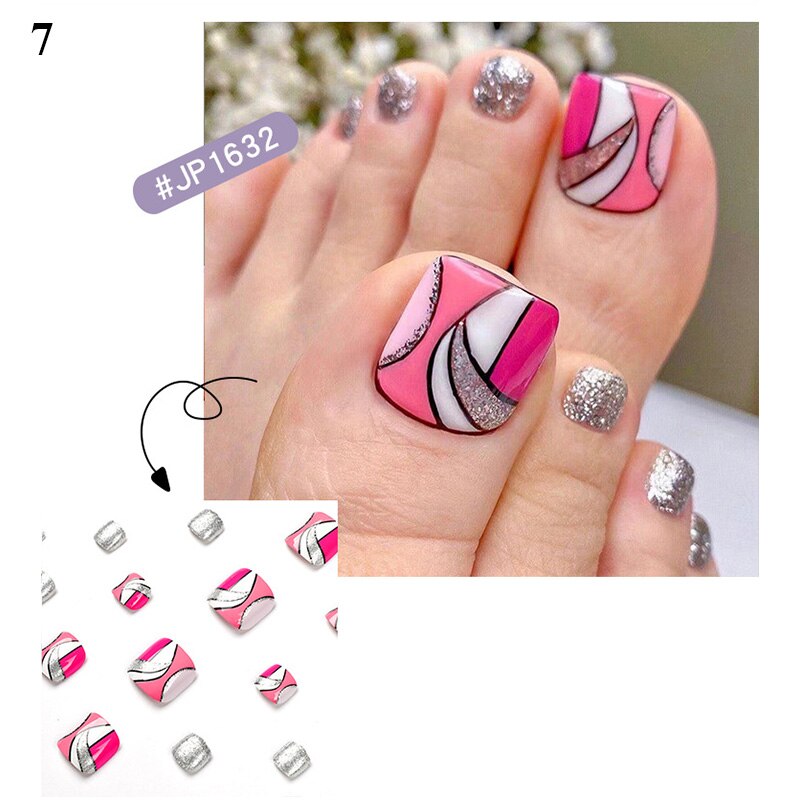 False Toenail 24Pcs/Box Toe Nail 3D Glitter Decor Press On Fake Nails With Glue Detachable Square Short Full Cover DIY Nail Tips 7