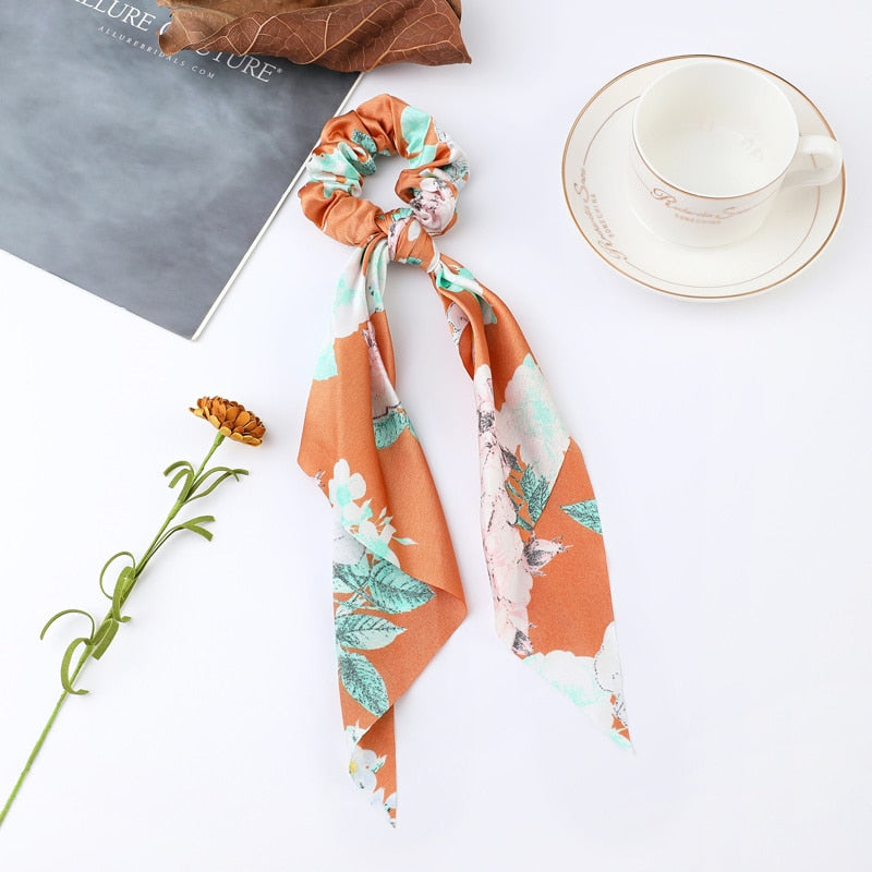 Fashion Print Chiffon Long Ribbon Scrunchies Women Girls Ponytail Scarf Elastic Hair Bands Ties Hair Accessories Wholesale 1