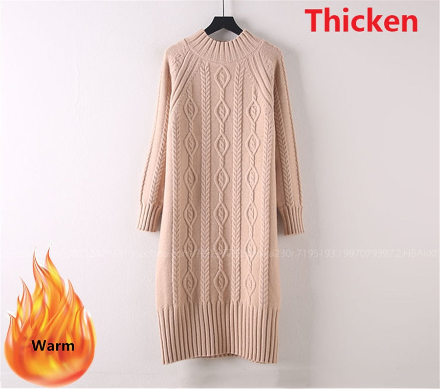 Winter Thicken Plus Velvet Sweater Dress Women's Fall Mock Neck Rib Knit Bottoming Dresses Elegant Warm Vestido Midi With Coats Thicken khaki