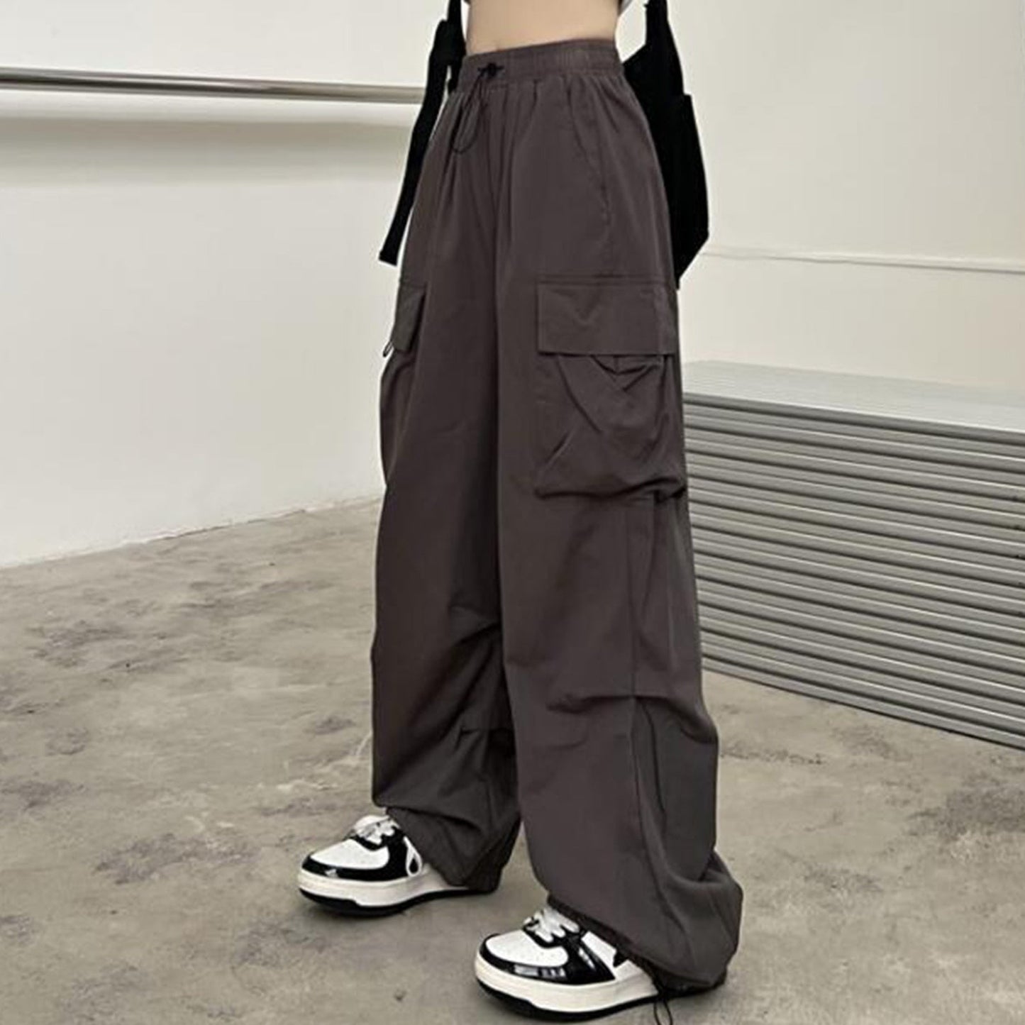 Fashion Casual Cargo Pants American Style Women Casual Cargo Trousers Elastic Waist Vintage with Pockets Solid Color Streetwear