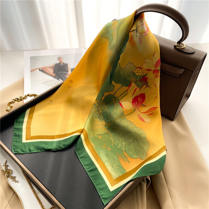 Luxury Print Satin Silk Square Scarf for Women Shawl Hijab Neckerchief Female Hair Ribbon Headband Fashion Wrap Bandana New FJ661-1