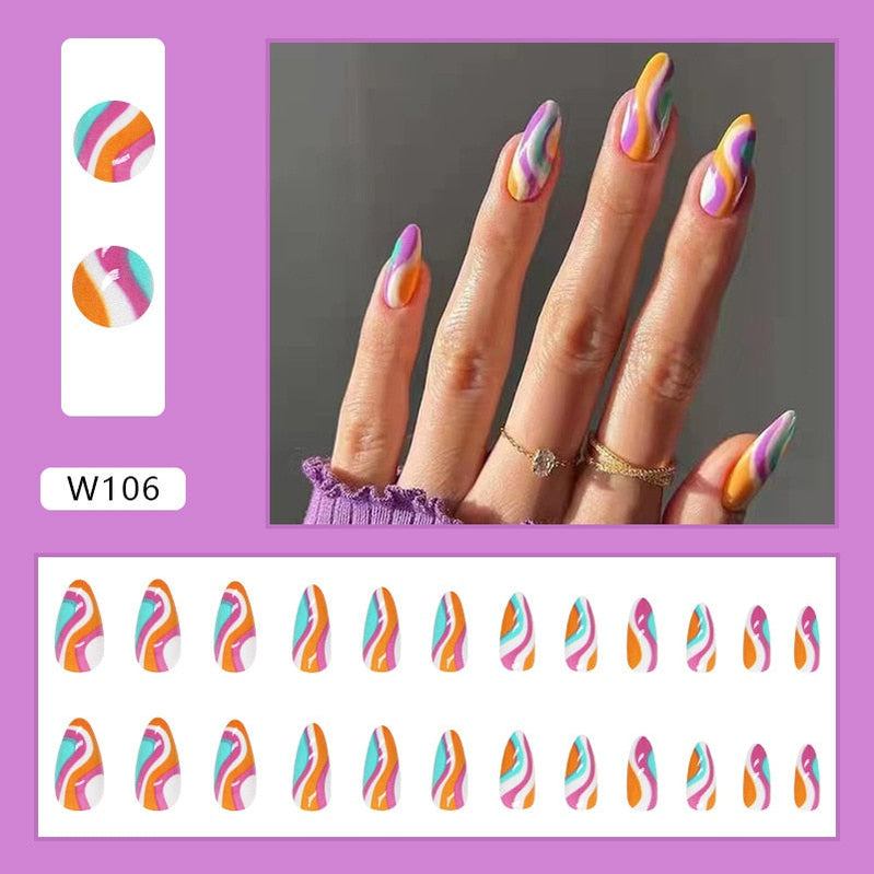 24Pcs/Set Fake Nails With Glue Full Cover Nail Tips Press On Med Nails DIY Manicure Oval Head False Nails Pink Almond Artificial W106 -24Pcs-Set