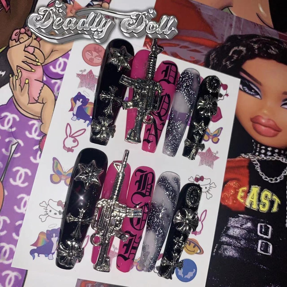 Fashion Cool Personality Cosplay Party Nails Long Coffin 3D High-End Chain Nail Tips Girls Gift Accessories 14