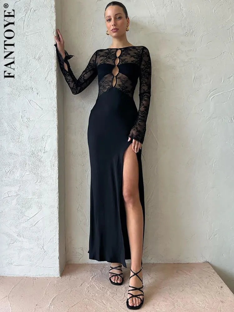 Patchwork Sexy See Through Lace Women Maxi Dress Hollow Out High Slit Evening Dress Female Skinny Elegant Party Clubwear