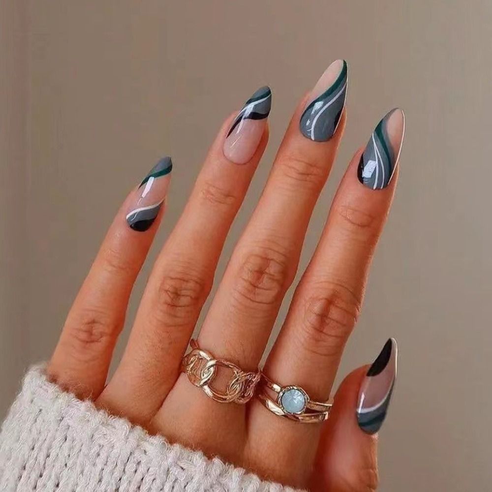 24Pcs/Box Almond Round Wavy False Nails Detachable Stiletto Fake Nails Full Cover French Ballerina Nail Tips Press On Nails NEW5