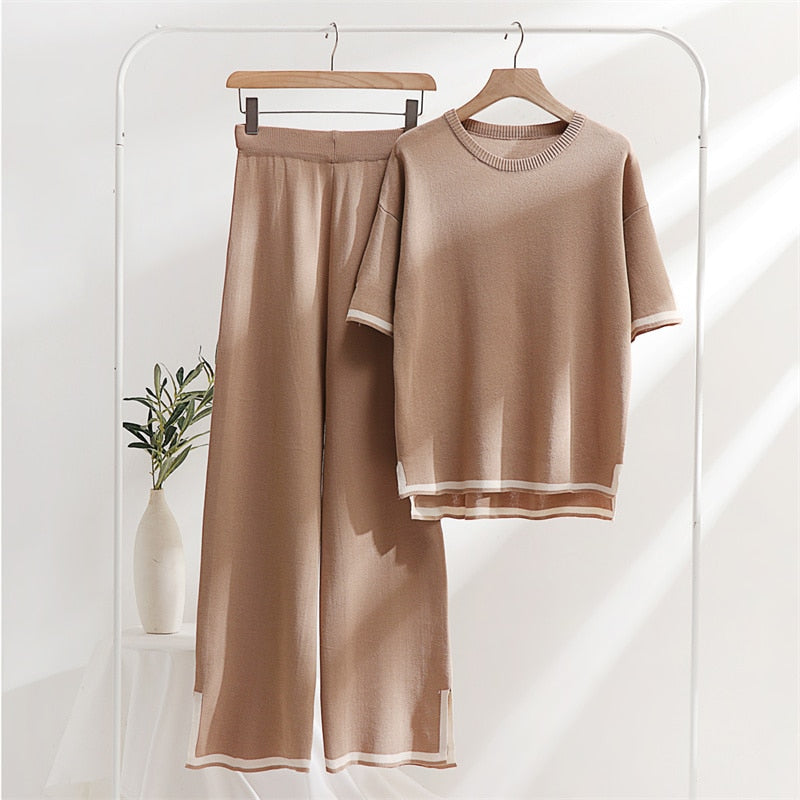 Two Piece Set Elegant Pants Sets Ice Knitted Summer Outfits For Women 2023 Short Sleeve Pajama Suit