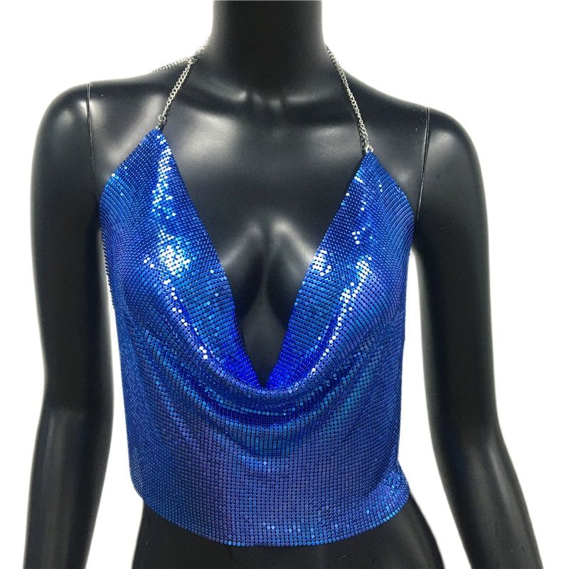 Women Sexy Metal Sequined Tank Camis Summer Gold Silver Backless Cropped Glitter Beach Club Show Wear Tank Tops Royal Blue 25 cm One Size