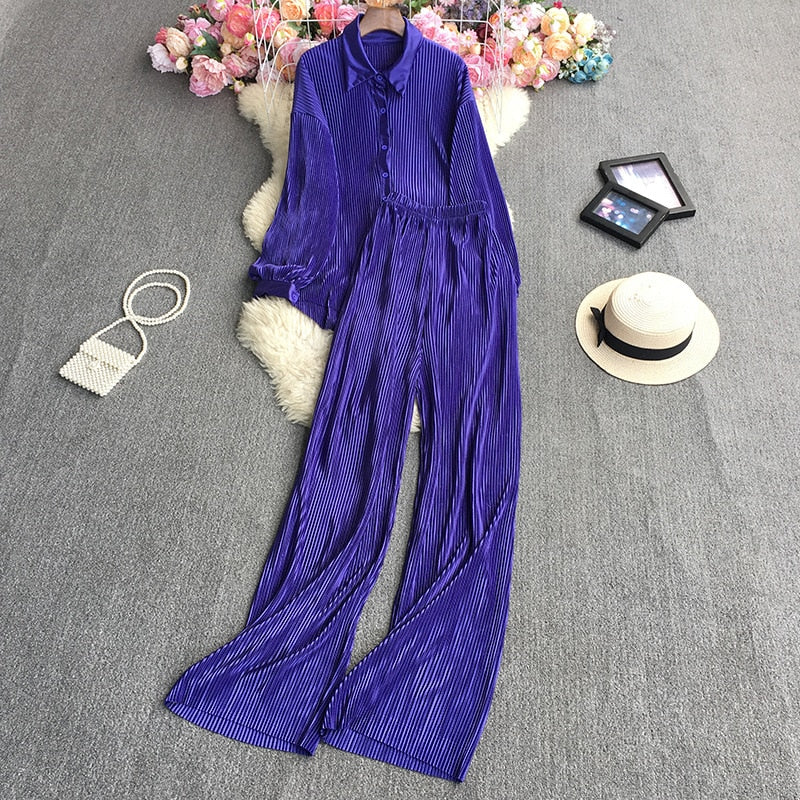Casual Women Elegant Pleated Two Piece Set Long Sleeve Shirt And Wide Leg Pant Suits Loose Office Lady Outfits Autumn