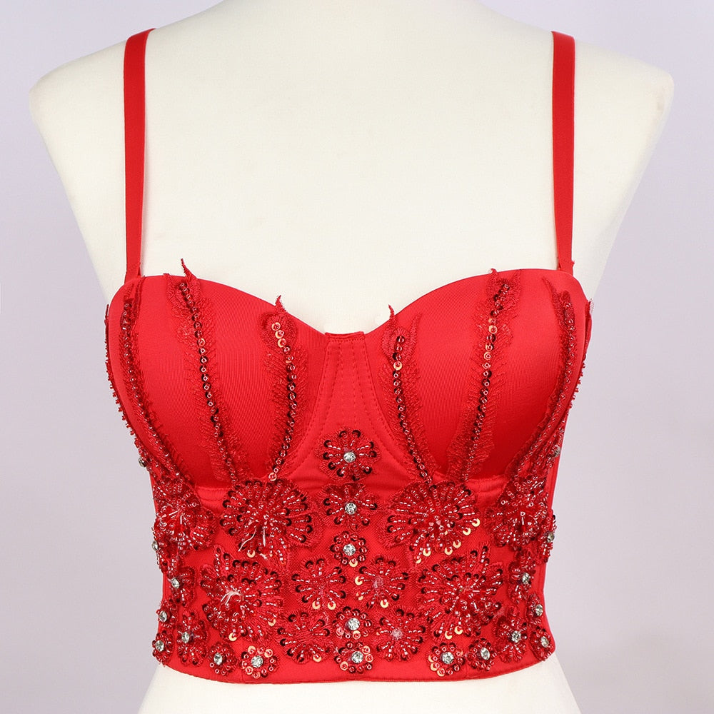 Women Tank Tops Luxury Sequined Rhinestone Pearl Wedding Push Up Bra Woman Clothes Camis Stage Ladies Crop Top Corset y2k Blusas 16-red