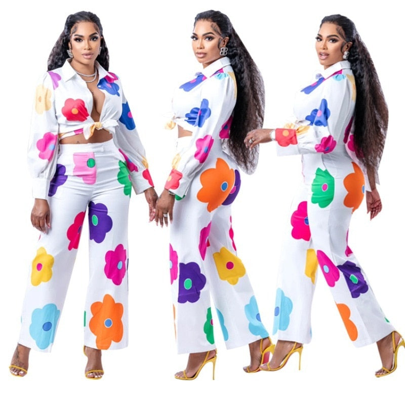 Flora Printed Women 2 Piece Set Elegant Button Up Blouse&shirts Wide Leg Pants Matching Set Autumn Office Lady Tracksuits