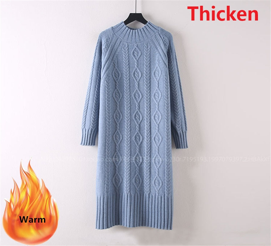 Winter Thicken Plus Velvet Sweater Dress Women's Fall Mock Neck Rib Knit Bottoming Dresses Elegant Warm Vestido Midi With Coats