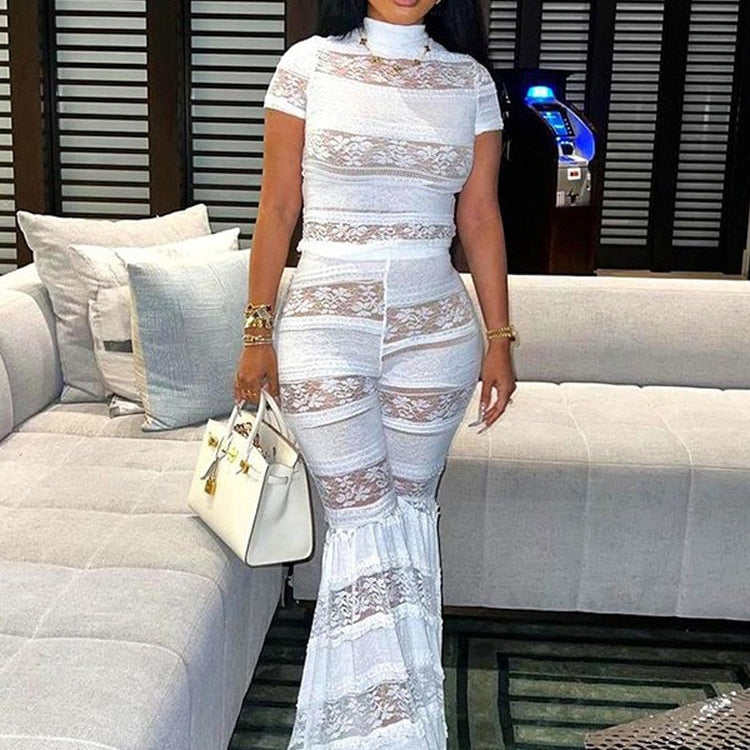 Fall Two Piece Sets Outfits Women Short Sleeve Lace Mesh Tops High Waist Pants Suits Autumn Party Club Matching Sets White
