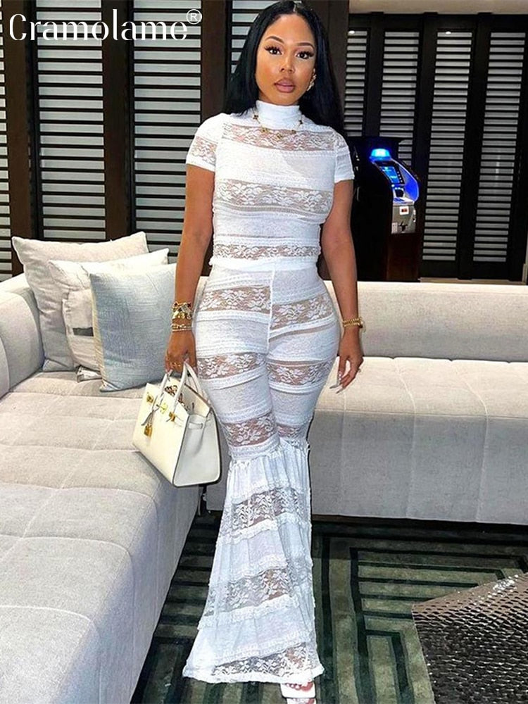Fall Two Piece Sets Outfits Women Short Sleeve Lace Mesh Tops High Waist Pants Suits Autumn Party Club Matching Sets White