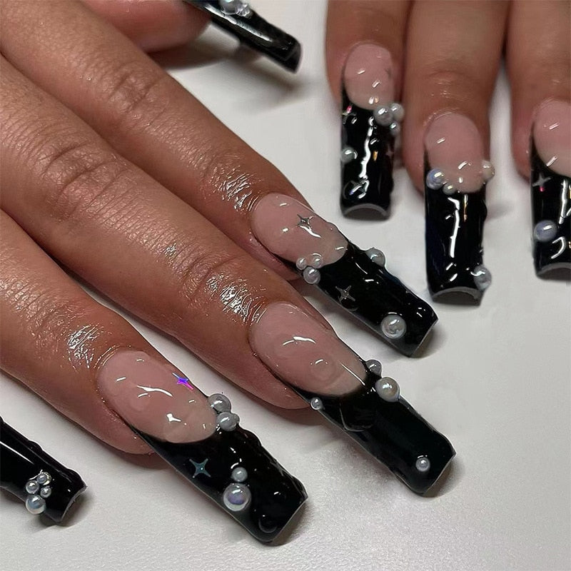 Sea Wave Carp Japanese Style Doodle False Nails Detachable Nude Pink Long Coffin Fake Nails with Glue Full Cover Press on Nails