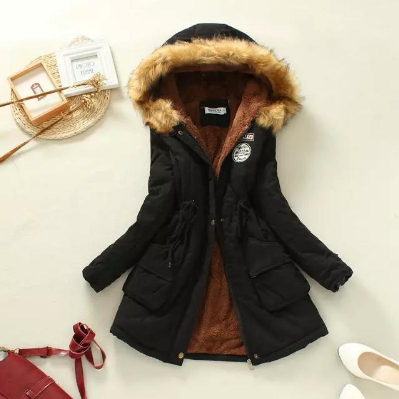 Women Autumn Winter Cotton Jacket Slim Warm Wadded Hooded Parkas Casual Mid Coats Emboridery Female Thick Outwear Overcoat Black