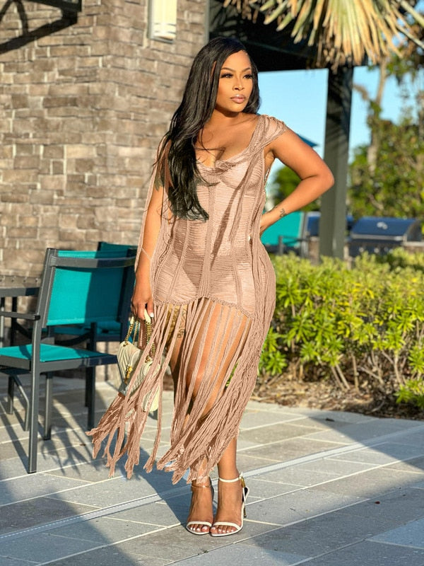 Sexy Crochet Knit Rib Tassel Mini Dress for Women Summer 2023 Fashion Sleeveless See Through Club Party Dresses Beach Wear Robe