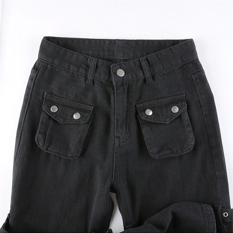 Eyelet Buckle Cyber Punk Goth Baggy Jeans Y2K Woman Techwear Dark Academic Solid E Girl Cargo Pants Denim Gothic Hippie Trousers