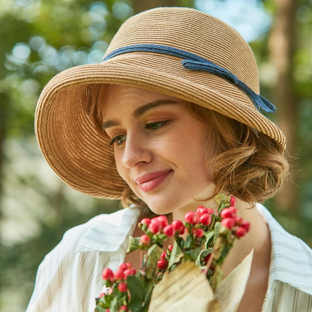 FS French Straw Bonnet Cap for Women Victorian Sun Hats Chin Strap Foldable Summer Accessories Bucket Hat Fedoras For Beach Khaki M(55-58CM)