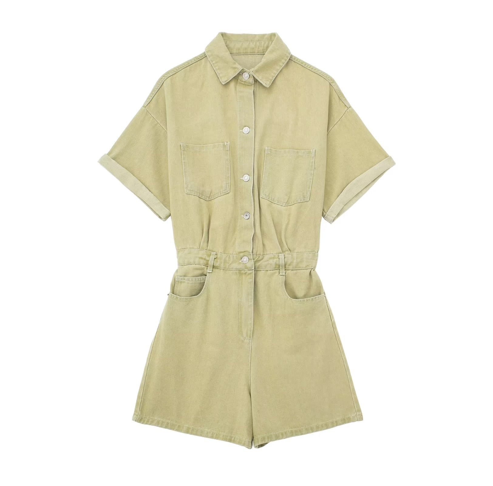 TARUXY Lapel Pocket Denim Jumpsuit Women Sexys Short Sleeve Slim Bodycon Ropa De Mujer Casual Overalls One Piece Womens Clothing Mustard yellow