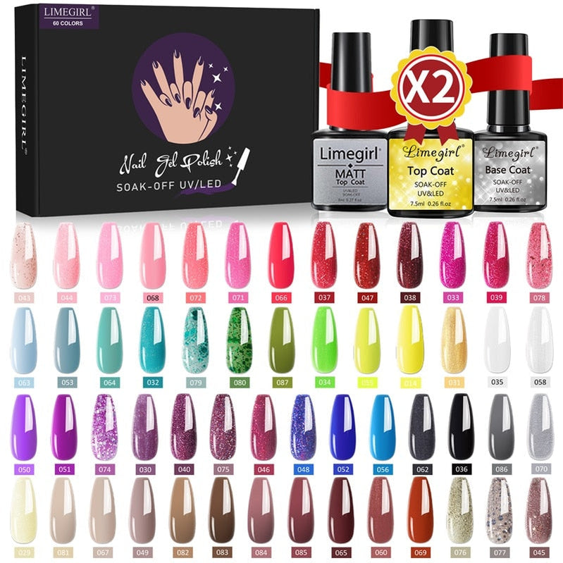 Limegirl Gel Nail Polish Set Kit Pink Glitter Popular Spring 60/40/24 Colors Semi Permanent UV Led Gel Varnish Soak Off Nail 54-6PCS-3