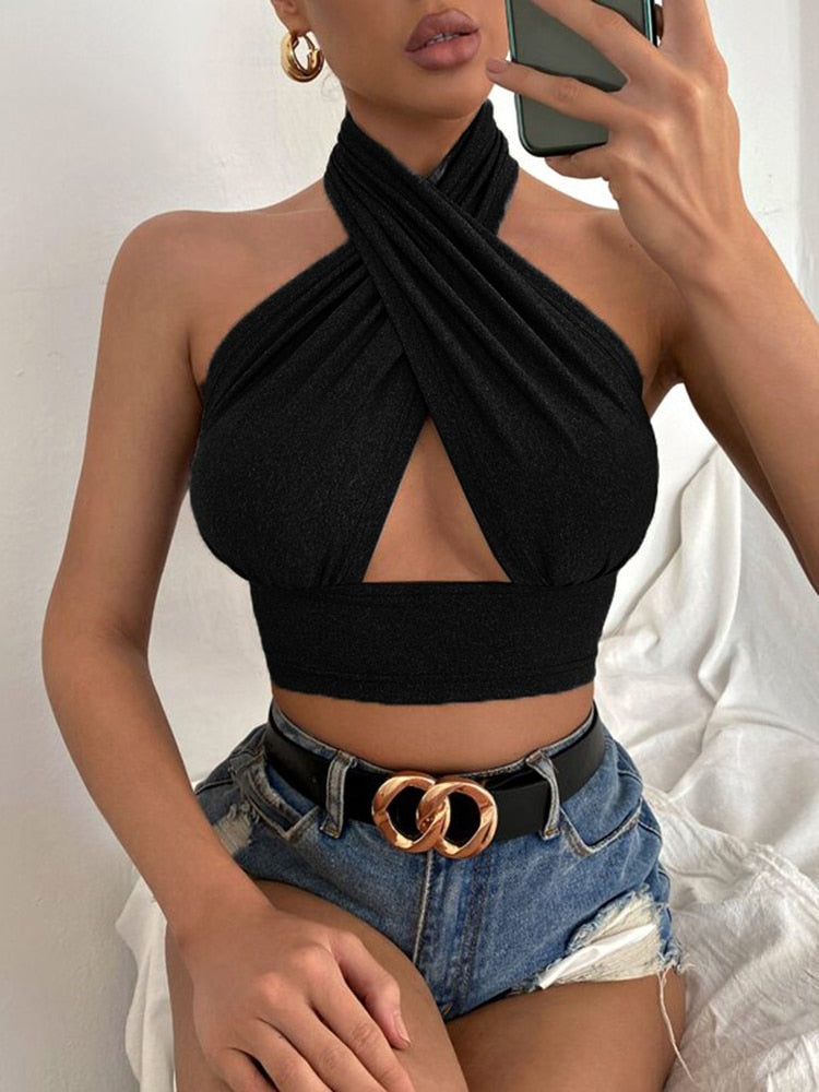 Women Summer Tank Tops Sexy Solid Color Cross Halter Neck Push Up Hollow Crop Tops High Street Wear 2023 New Fashion Black