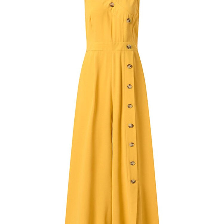 ZANZEA Wide Leg Pant Buttons Split Jumpsuits Summer Casual Fashion Sleeveless Long Rompers Women V Neck Wasited Playsuits
