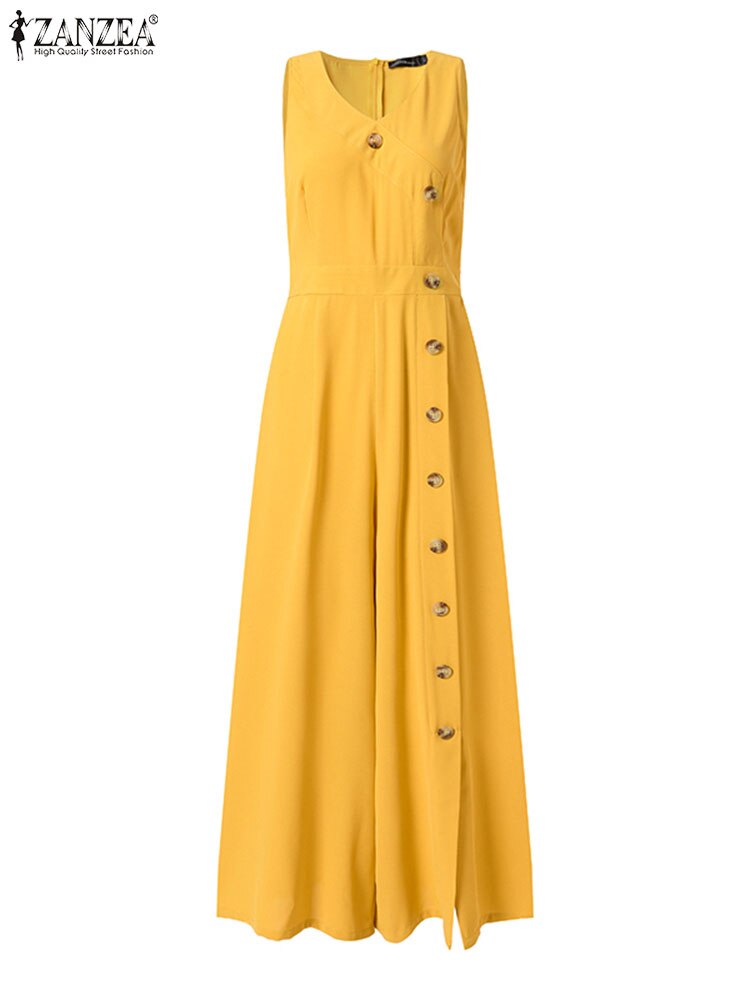 ZANZEA Wide Leg Pant Buttons Split Jumpsuits Summer Casual Fashion Sleeveless Long Rompers Women V Neck Wasited Playsuits