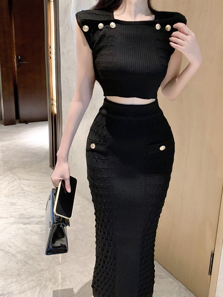 2023 New Knitted Two Piece Set For Women Sexy Crop Top + Bodycon Long Skirt Suits Beach Holiday Summer 2 Piece Sets Women Outfit