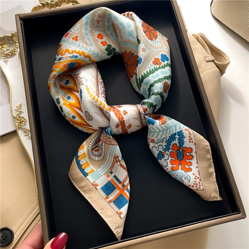 Fashion Hair Scarf for Women Decor Headband Ribbon Satin Silk Square Scarves Lady Wrist Wrap Shawls Design Bandana Foulard FJ723-2