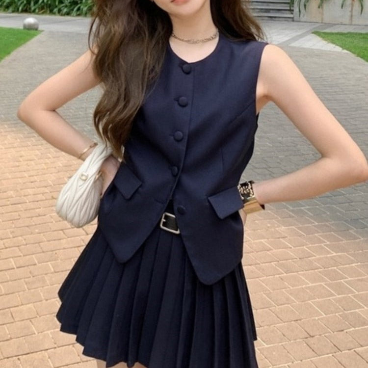 Korean Fashion Summer Pleated Skirt 2 Piece Set Women Elegant Sleeveless Button Tops+Wide Leg Pants Suits Y2k Casual Outfits