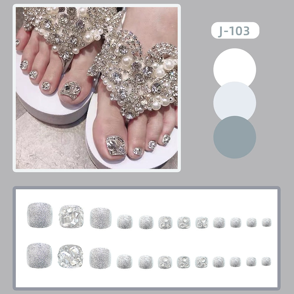 Summer Gold Full Diamond Feet Nails Press On Fake Glitter Toe Nail Stickers Full Cover Toe Nail Tips False Foot Nails