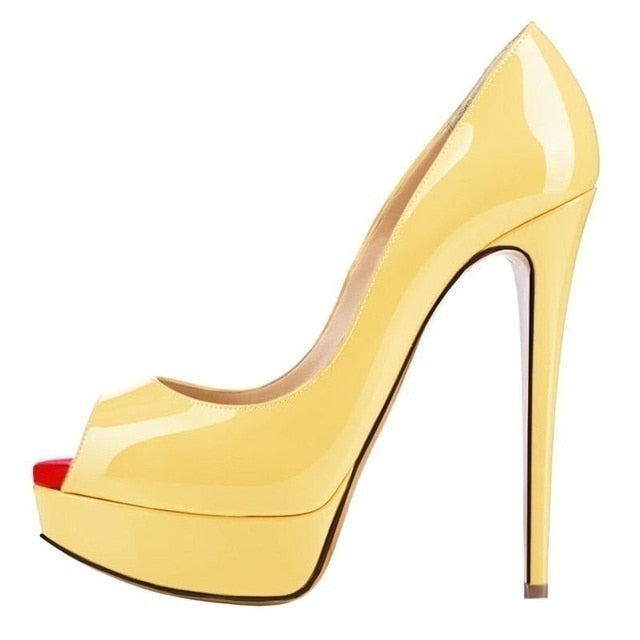 Women Pumps Sexy Platform Peep Toe 14cm Extremely High Heels Woman Patent Leather Nighclub Red Wedding Shoes Gradient Stiletto