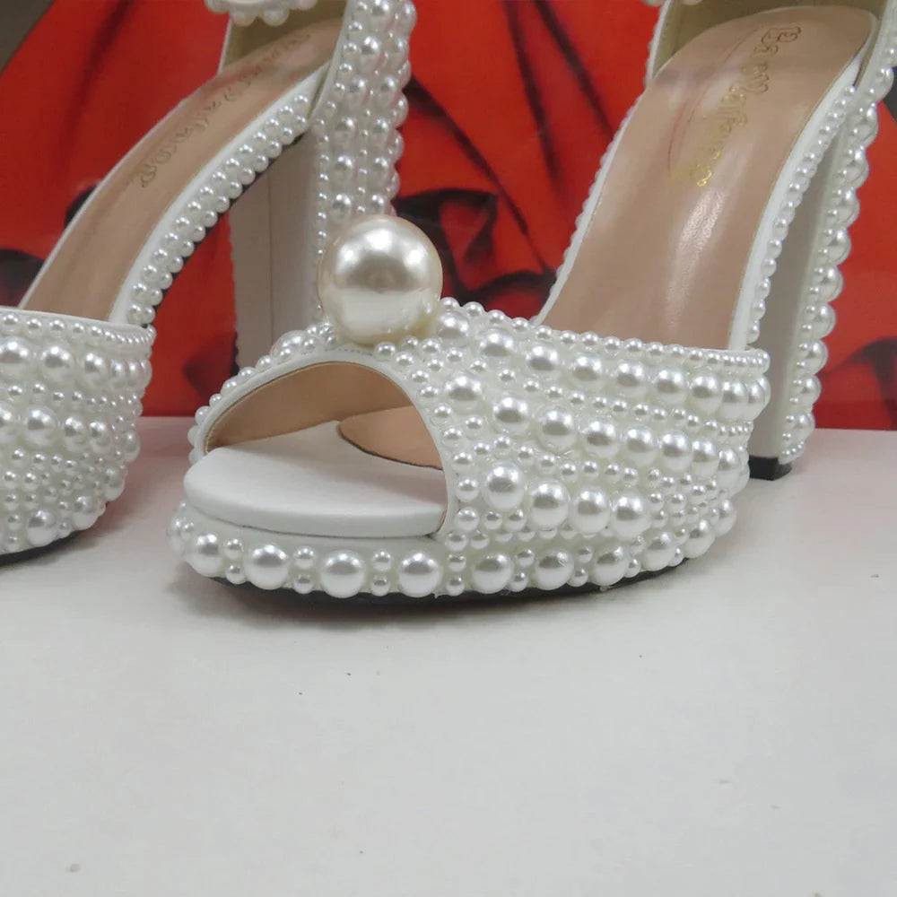 White Female Sandals Bridal shoes bag set woman Fashion Thin Heel Big Pearl Girls fashion Sandals party Shoes 10cm open shoe bag