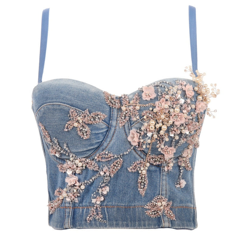 Women Tank Tops Luxury Sequined Rhinestone Pearl Wedding Push Up Bra Woman Clothes Camis Stage Ladies Crop Top Corset y2k Blusas 23-blue