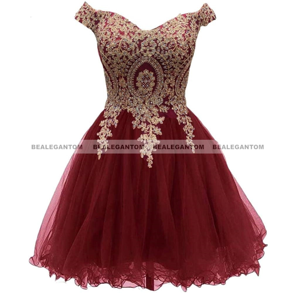 Bealegantom A Line Lace Off Shoulder Short Homecoming Dresse Appliques Crystal Beaded Mini Formal Prom Graudation Party Gowns wine red