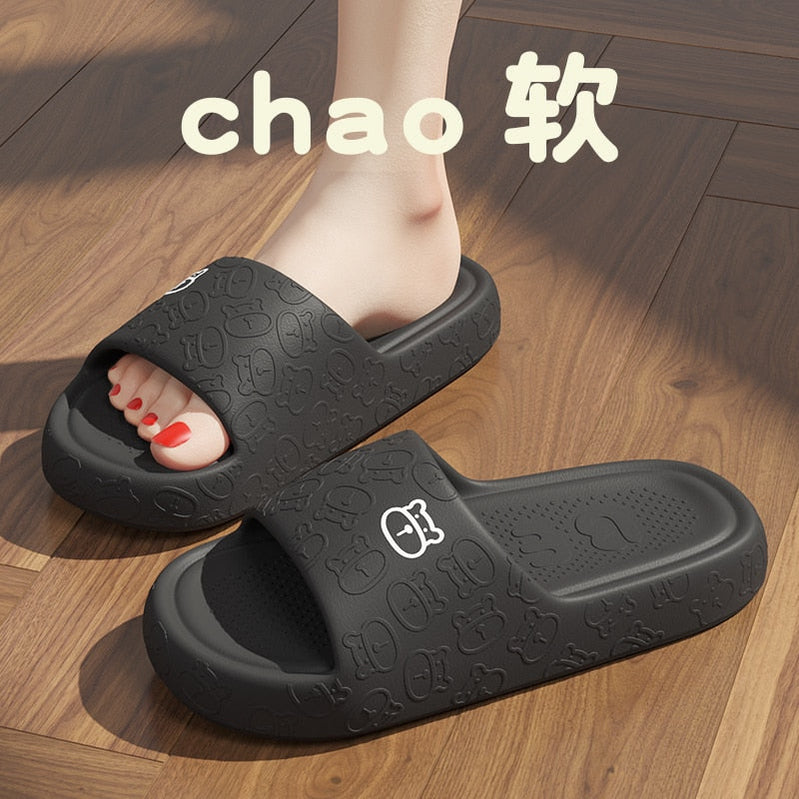 Outdoors Summer Women Men Flat Thick Platform Slippers Non-Slip Cartoon Home Bath Sandals Beach Slides Couples Ladies Shoes black